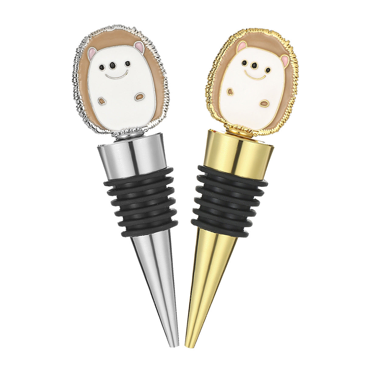Hedgehog Wine Bottle Stopper – Enamel Animal Topper with Airtight Seal, Gold & Silver - Image 1