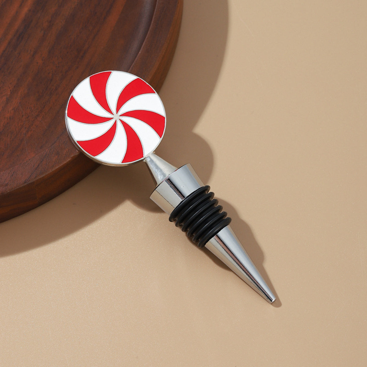 Peppermint Swirl Wine Bottle Stopper – Enamel Candy Disc Topper with Airtight Seal - Image 1