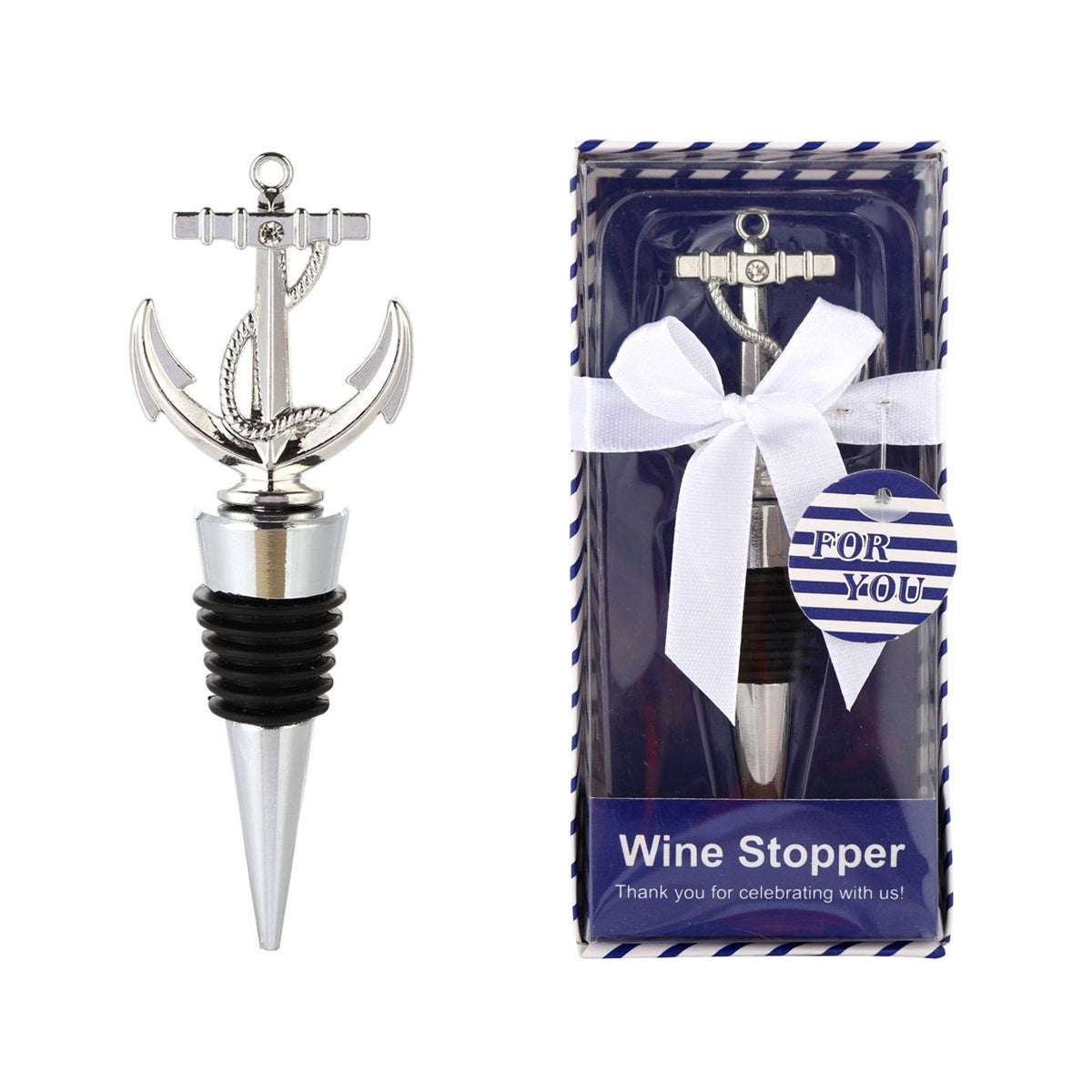 Anchor Wine Bottle Stopper with Gift Box – Nautical Metal Topper with Airtight Seal, Silver & Navy Blue - Image 1