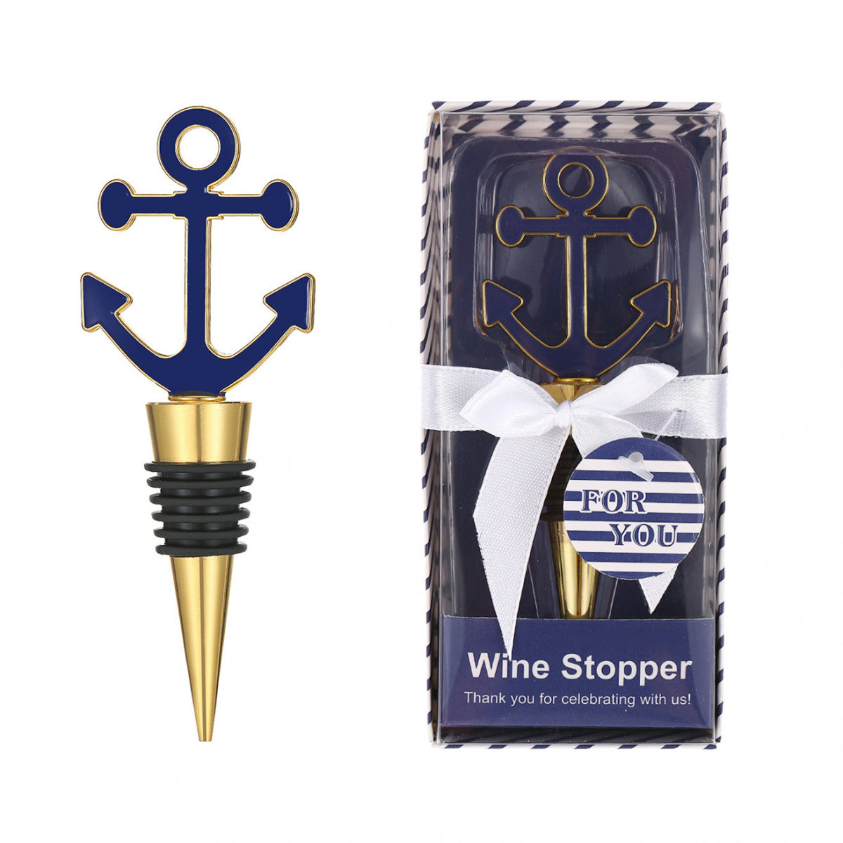 Anchor Wine Bottle Stopper with Gift Box – Nautical Metal Topper with Airtight Seal, Silver & Navy Blue - Image 2
