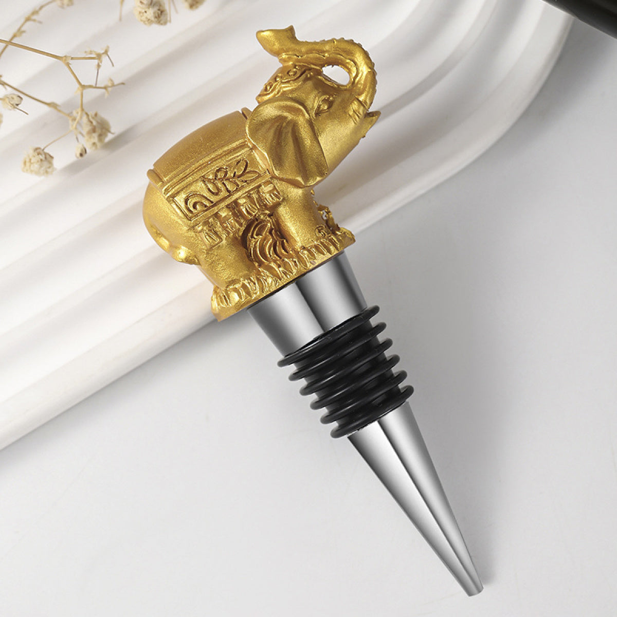 Elephant Wine Bottle Stopper with Gift Box – Resin Animal Topper with Airtight Seal, Gold & White - Image 4